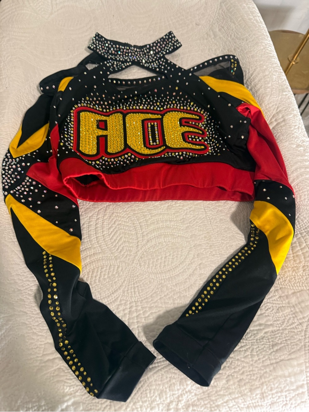 Varsity Spirit ACE Rhinestone Cheer Crop Top Uniform Black Red Gold Youth S